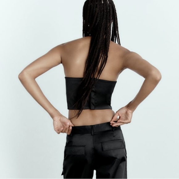 Zara Black Satin Structured Crop Top NWT - Picture 3 of 4
